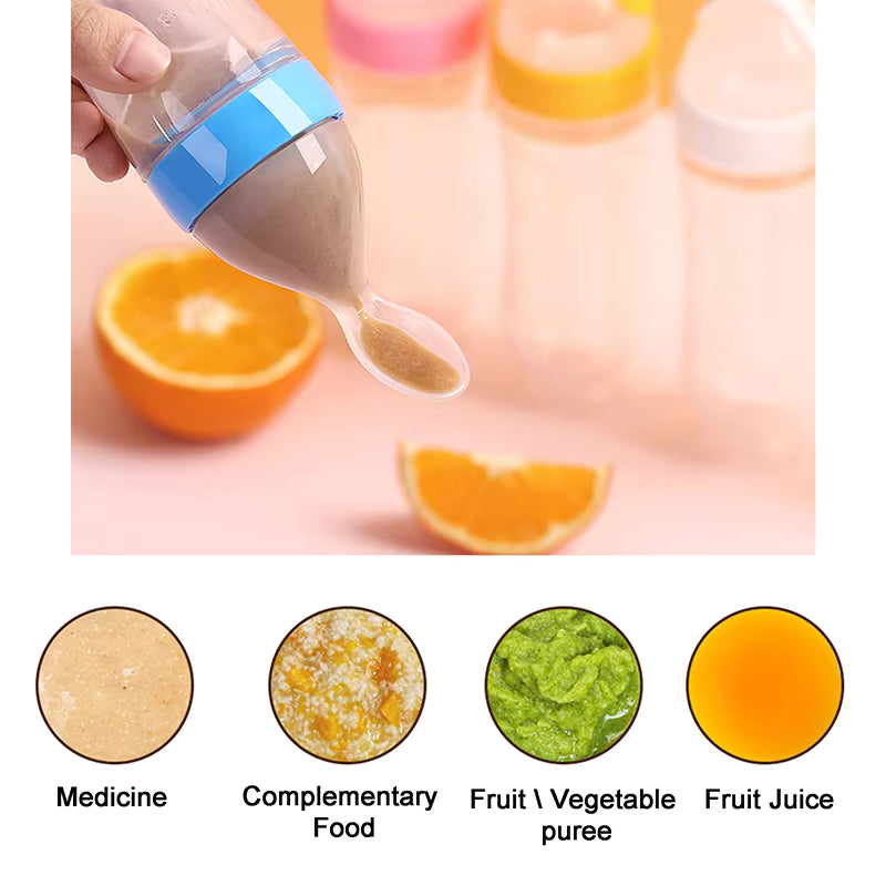 Silicone Baby Food Squeeze Feeder Bottle with Spoon – BPA Free Infant Cereal Dispenser 90ml