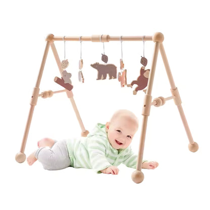 Montessori Baby Play Gym with Animal Pendants – Wooden Fitness Activity Rack for Infants