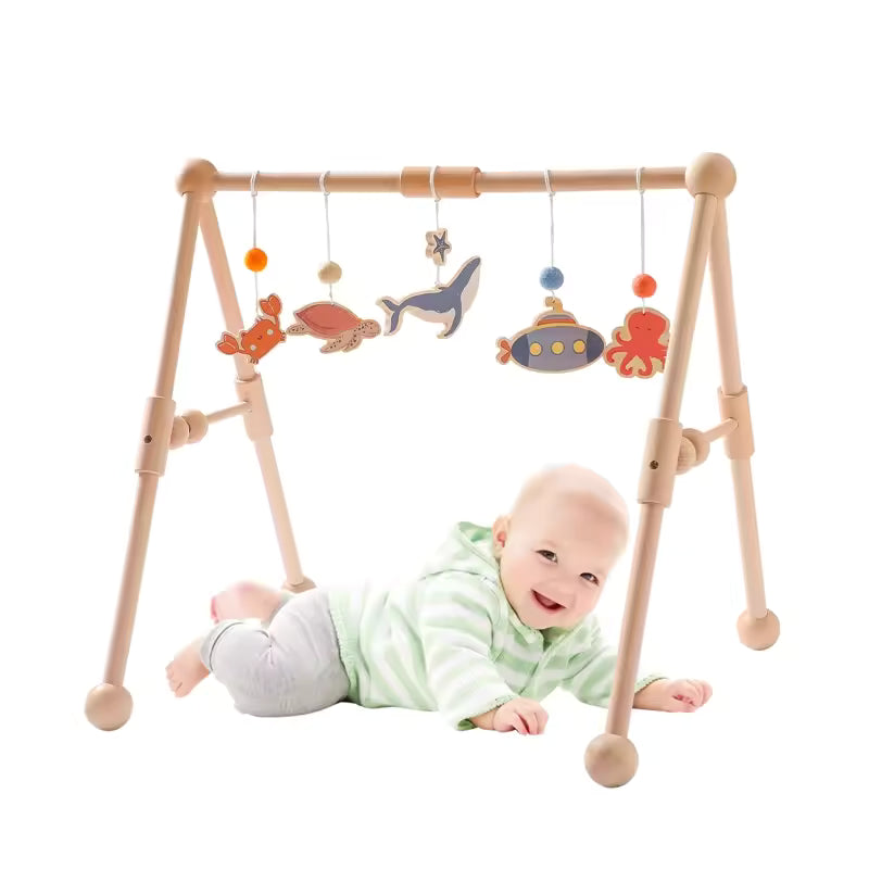 Montessori Baby Play Gym with Animal Pendants – Wooden Fitness Activity Rack for Infants