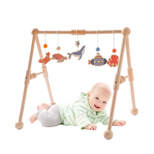 Montessori Baby Play Gym with Animal Pendants – Wooden Fitness Activity Rack for Infants