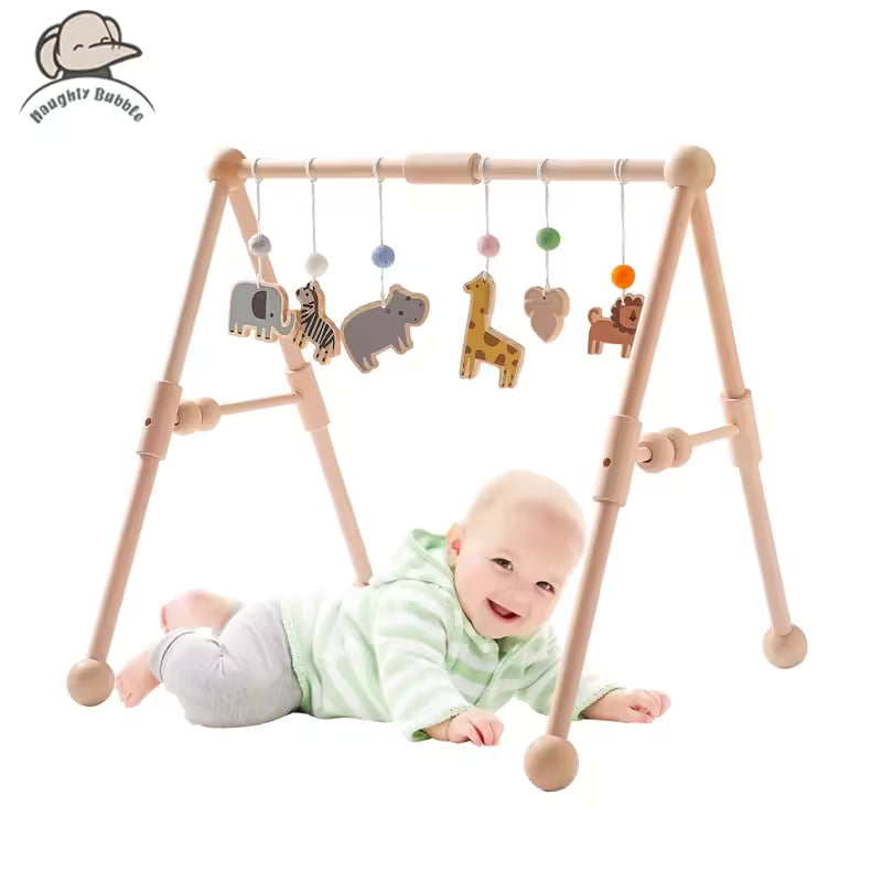 Montessori Baby Play Gym with Animal Pendants – Wooden Fitness Activity Rack for Infants