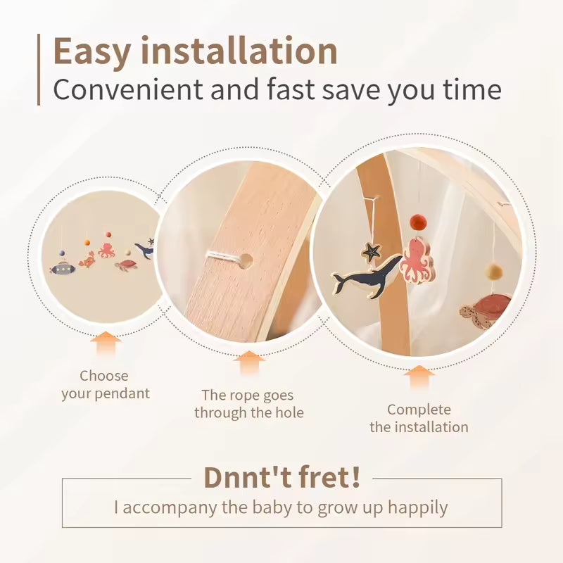 Montessori Baby Play Gym with Animal Pendants – Wooden Fitness Activity Rack for Infants