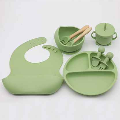 Montessori 8-Piece Baby Feeding Set – Food Grade Silicone Bib, Suction Bowl, Plate and Straw Cup with Wooden Utensils