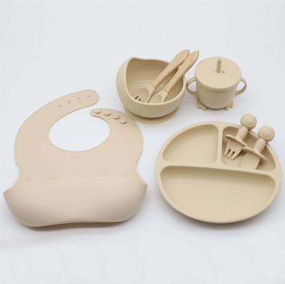 Montessori 8-Piece Baby Feeding Set – Food Grade Silicone Bib, Suction Bowl, Plate and Straw Cup with Wooden Utensils